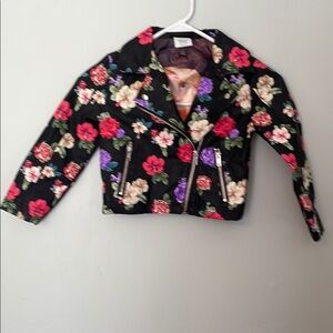 Disney Floral Black Jacket with Zipper Details Faux leather biker vibe